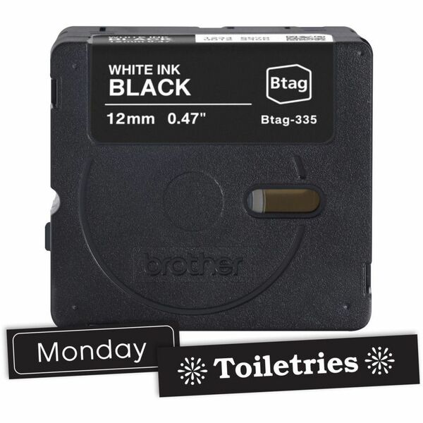 Brother P-touch BTAG-335 White on Black Label Tape - x 15/32" (12 mm) Width x 13 1/8 ft (4 m) Length - White on Black - Water Resistant - Temperature Resistant, Fade Resistant, Dishwasher Safe, Freezer Safe, Microwave Safe, Easy Peel, Removable, Household