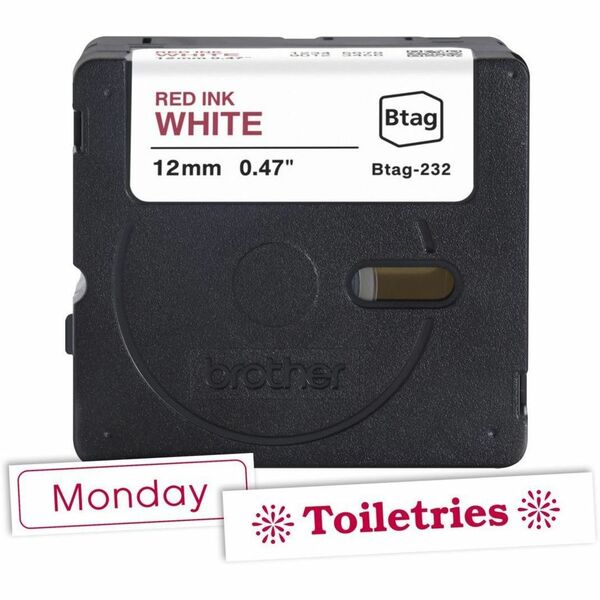 Brother P-touch BTAG-232 Red on White Label Tape - x 15/32" (12 mm) Width x 13 1/8 ft (4 m) Length - Red On White - Water Resistant - Temperature Resistant, Fade Resistant, Dishwasher Safe, Freezer Safe, Microwave Safe, Easy Peel, Removable, Household Liq