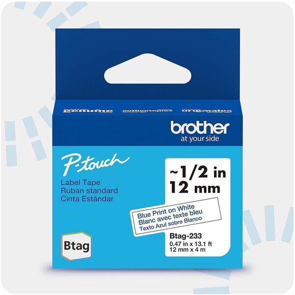 Brother P-touch BTAG-233 Blue on White Label Tape - x 15/32" (12 mm) Width x 13 1/8 ft (4 m) Length - Blue on White - Plastic - Water Resistant - 1 Each