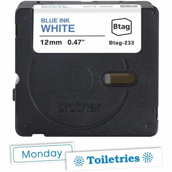 Brother P-touch BTAG-233 Blue on White Label Tape - x 15/32" (12 mm) Width x 13 1/8 ft (4 m) Length - Blue on White - Water Resistant - Temperature Resistant, Fade Resistant, Dishwasher Safe, Freezer Safe, Microwave Safe, Easy Peel, Removable, Household L