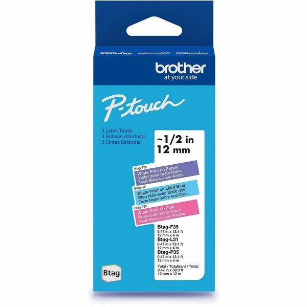 Brother P-touch Label Tape - x 15/32" (12 mm) Width x 13 1/8 ft (4 m) Length - White on Purple, Black on Light Blue, White on Pink - Plastic - Water Resistant - 3 / Pack