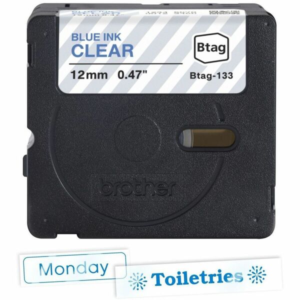 Brother P-touch BTAG-133 Blue on Clear Label Tape - x 15/32" (12 mm) Width x 13 1/8 ft (4 m) Length - Clear - Water Resistant - Temperature Resistant, Fade Resistant, Dishwasher Safe, Freezer Safe, Microwave Safe, Easy Peel, Removable, Household Liquid Re