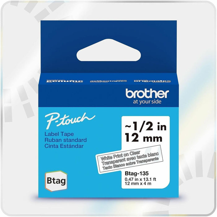 Brother P-touch BTAG-135 White on Clear Label Tape - x 15/32" (12 mm) Width x 13 1/8 ft (4 m) Length - Removable Adhesive - White on Clear - Plastic - Water Resistant - 1 Each