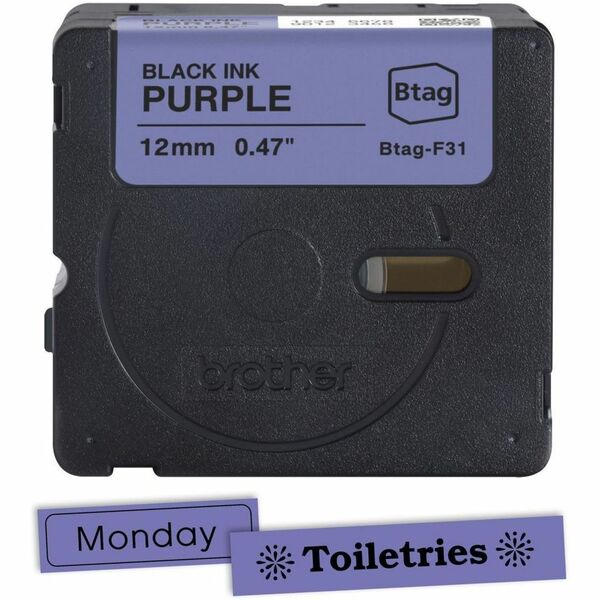 Brother P-touch BTAG-F31 Black on Purple Label Tape - x 15/32" (12 mm) Width x 13 1/8 ft (4 m) Length - Purple - Water Resistant - Temperature Resistant, Fade Resistant, Dishwasher Safe, Freezer Safe, Microwave Safe, Easy Peel, Removable, Household Liquid