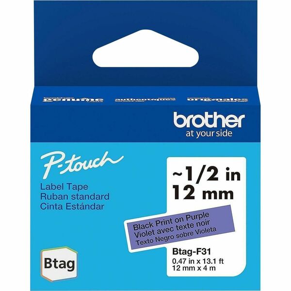 Brother P-touch BTAG-F31 Black on Purple Label Tape - x 15/32" (12 mm) Width x 13 1/8 ft (4 m) Length - Purple - Plastic - Water Resistant - 1 Each