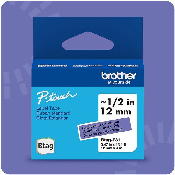 Brother P-touch BTAG-F31 Black on Purple Label Tape - 15/32" (12 mm) Width x 13 1/8 ft (4 m) Length - Purple - Water Resistant - Temperature Resistant, Fade Resistant, Dishwasher Safe, Freezer Safe, Microwave Safe, Easy Peel, Removable, Household Liquid R
