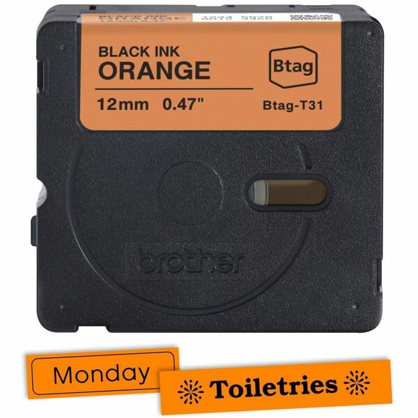 Brother P-touch BTAG-T31 Black on Orange Label Tape - x 15/32" (12 mm) Width x 13 1/8 ft (4 m) Length - Orange - Water Resistant - Temperature Resistant, Fade Resistant, Dishwasher Safe, Freezer Safe, Microwave Safe, Easy Peel, Removable, Household Liquid