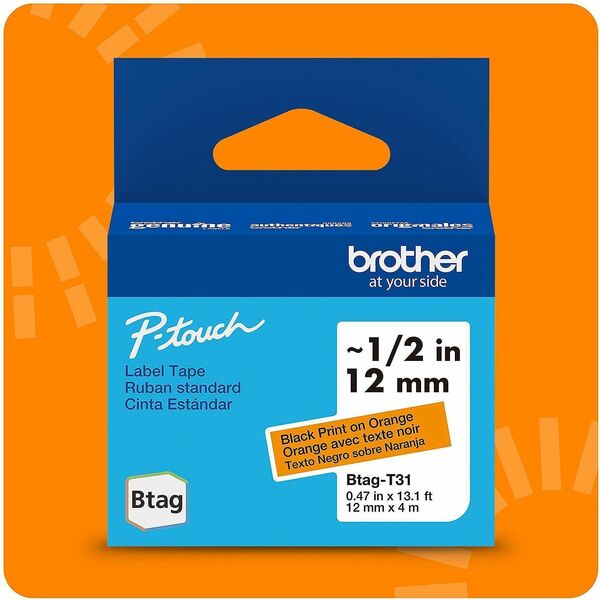 Brother P-touch BTAG-T31 Black on Orange Label Tape - 15/32" (12 mm) Width x 13 1/8 ft (4 m) Length - Orange - Water Resistant - Temperature Resistant, Fade Resistant, Dishwasher Safe, Freezer Safe, Microwave Safe, Easy Peel, Removable, Household Liquid R