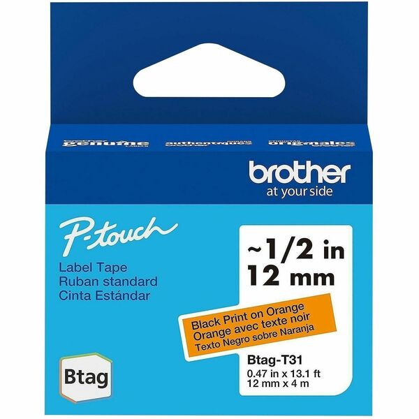 Brother P-touch BTAG-T31 Black on Orange Label Tape - x 15/32" (12 mm) Width x 13 1/8 ft (4 m) Length - Orange - Plastic - Water Resistant - 1 Each