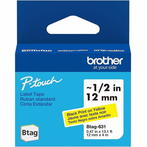 Brother P-touch BTAG-631 Black on Yellow Label Tape - x 15/32" (12 mm) Width x 13 1/8 ft (4 m) Length - Black On Yellow - Plastic - Water Resistant - 1 Each