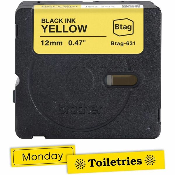 Brother P-touch BTAG-631 Black on Yellow Label Tape - x 15/32" (12 mm) Width x 13 1/8 ft (4 m) Length - Black On Yellow - Water Resistant - Temperature Resistant, Fade Resistant, Dishwasher Safe, Freezer Safe, Microwave Safe, Easy Peel, Removable, Househo