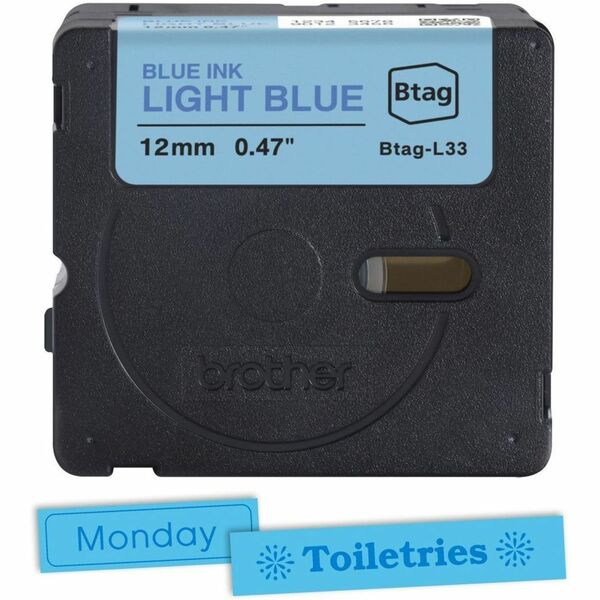 Brother P-touch BTAG-L33 Blue on Light Blue Label Tape - x 15/32" (12 mm) Width x 13 1/8 ft (4 m) Length - Light Blue - Water Resistant - Temperature Resistant, Fade Resistant, Dishwasher Safe, Freezer Safe, Microwave Safe, Easy Peel, Removable, Household