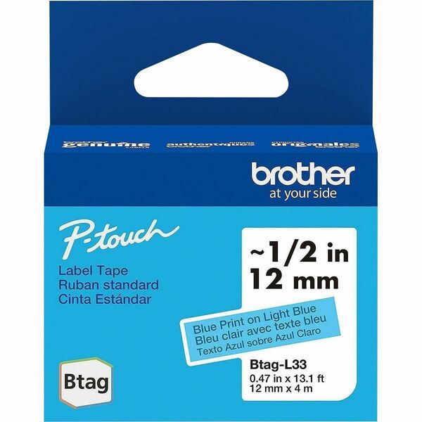 Brother P-touch BTAG-L33 Blue on Light Blue Label Tape - x 15/32" (12 mm) Width x 13 1/8 ft (4 m) Length - Light Blue - Plastic - Water Resistant - 1 Each