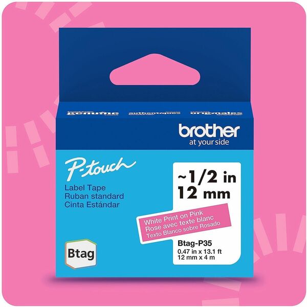 Brother P-touch BTAG-P35 White on Pink Label Tape - 15/32" (12 mm) Width x 13 1/8 ft (4 m) Length - Pink - Water Resistant - Temperature Resistant, Fade Resistant, Dishwasher Safe, Freezer Safe, Microwave Safe, Easy Peel, Removable, Household Liquid Resis
