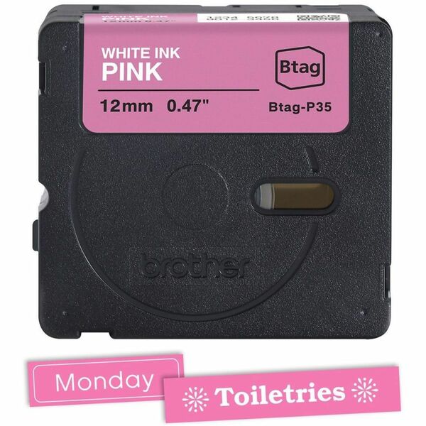 Brother P-touch BTAG-P35 White on Pink Label Tape - x 15/32" (12 mm) Width x 13 1/8 ft (4 m) Length - Pink - Water Resistant - Temperature Resistant, Fade Resistant, Dishwasher Safe, Freezer Safe, Microwave Safe, Easy Peel, Removable, Household Liquid Res