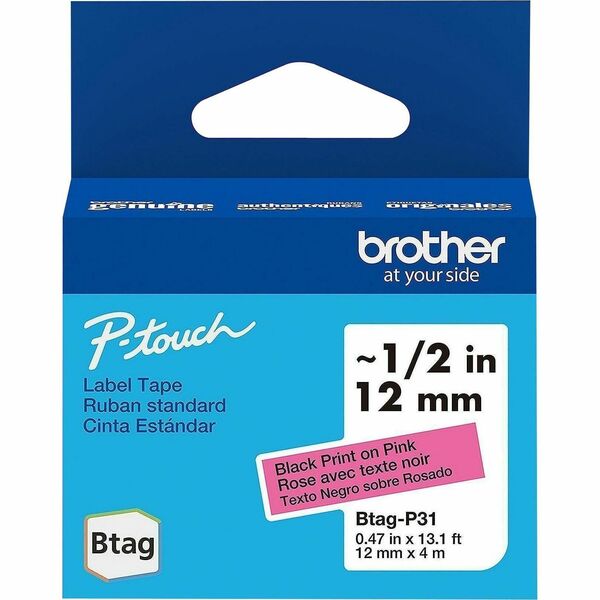 Brother P-touch BTAG-P31 Black on Pink Label Tape - x 15/32" (12 mm) Width x 13 1/8 ft (4 m) Length - Black on Pink - Plastic - Water Resistant - 1 Each