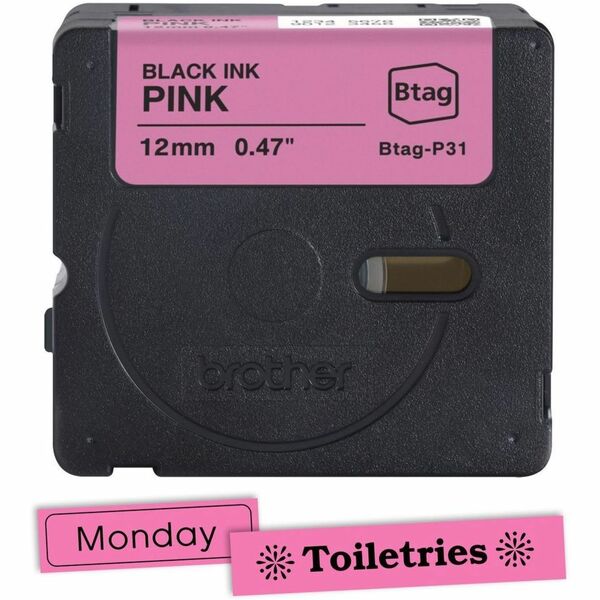 Brother P-touch BTAG-P31 Black on Pink Label Tape - x 15/32" (12 mm) Width x 13 1/8 ft (4 m) Length - Black on Pink - Water Resistant - Temperature Resistant, Fade Resistant, Dishwasher Safe, Freezer Safe, Microwave Safe, Easy Peel, Removable, Household L