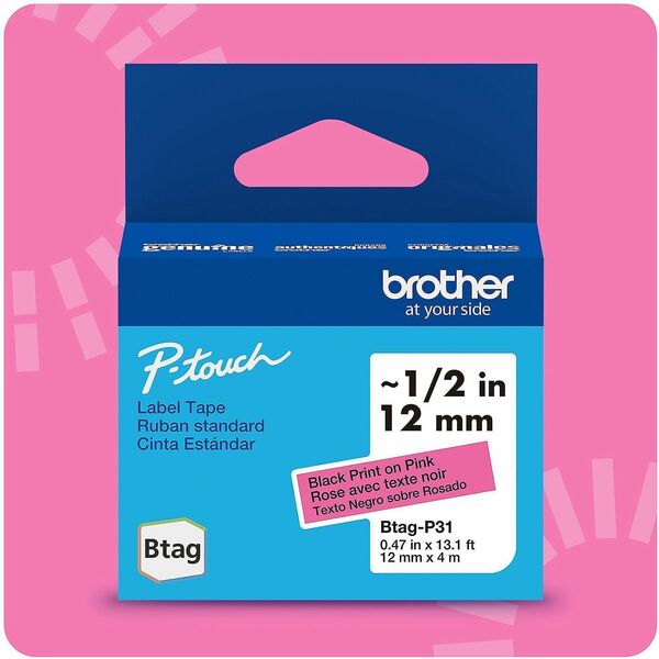 Brother P-touch BTAG-P31 Black on Pink Label Tape - 15/32" (12 mm) Width x 13 1/8 ft (4 m) Length - Black on Pink - Water Resistant - Temperature Resistant, Fade Resistant, Dishwasher Safe, Freezer Safe, Microwave Safe, Easy Peel, Removable, Household Liq