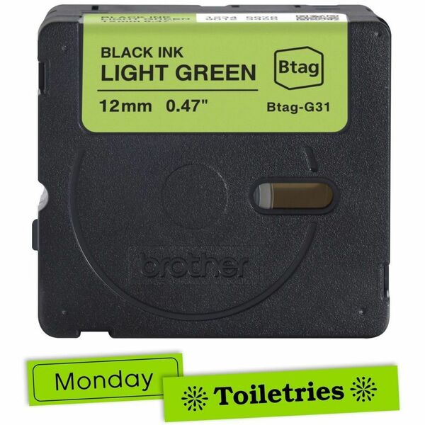 Brother P-touch BTAG-G31 Black on Light Green Label Tape - x 15/32" (12 mm) Width x 13 1/8 ft (4 m) Length - Light Green - Water Resistant - Temperature Resistant, Fade Resistant, Dishwasher Safe, Freezer Safe, Microwave Safe, Easy Peel, Removable, Househ