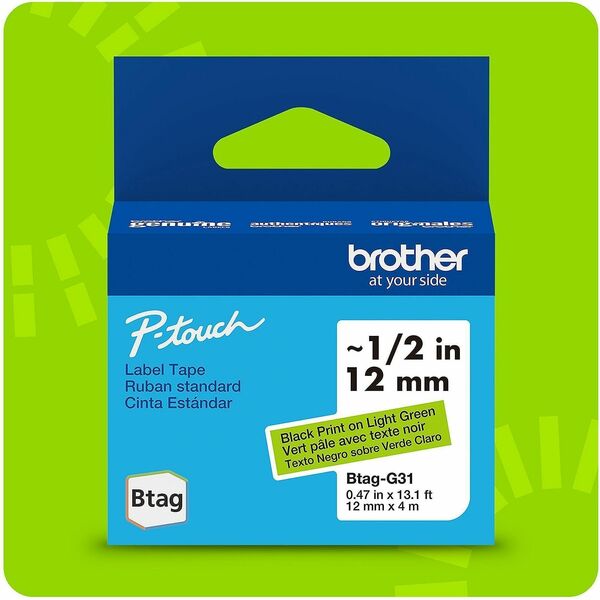 Brother P-touch BTAG-G31 Black on Light Green Label Tape - 15/32" (12 mm) Width x 13 1/8 ft (4 m) Length - Light Green - Water Resistant - Temperature Resistant, Fade Resistant, Dishwasher Safe, Freezer Safe, Microwave Safe, Easy Peel, Removable, Househol