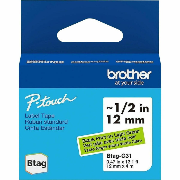 Brother P-touch BTAG-G31 Black on Light Green Label Tape - x 15/32" (12 mm) Width x 13 1/8 ft (4 m) Length - Removable Adhesive - Light Green - Plastic - Water Resistant - 1 Each