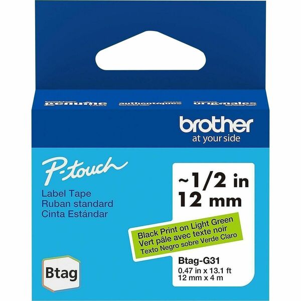 Brother P-touch BTAG-G31 Black on Light Green Label Tape - x 15/32" (12 mm) Width x 13 1/8 ft (4 m) Length - Light Green - Plastic - Water Resistant - 1 Each