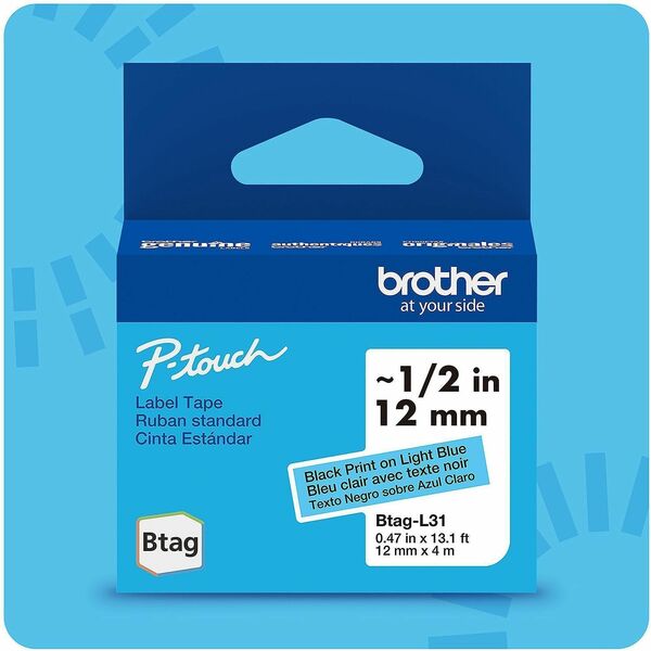 Brother P-touch BTAG-L31 Black on Light Blue Label Tape - 15/32" (12 mm) Width x 13 1/8 ft (4 m) Length - Black on Light Blue - Water Resistant - Temperature Resistant, Fade Resistant, Dishwasher Safe, Freezer Safe, Microwave Safe, Easy Peel, Removable, H