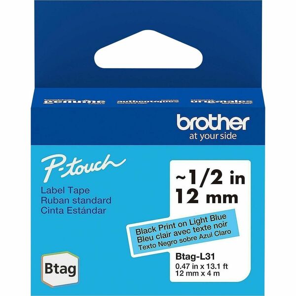 Brother P-touch BTAG-L31 Black on Light Blue Label Tape - x 15/32" (12 mm) Width x 13 1/8 ft (4 m) Length - Black on Light Blue - Plastic - Water Resistant - 1 Each