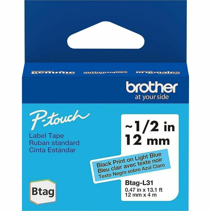 Brother P-touch BTAG-L31 Black on Light Blue Label Tape - x 15/32" (12 mm) Width x 13 1/8 ft (4 m) Length - Removable Adhesive - Black on Light Blue - Plastic - Water Resistant - 1 Each