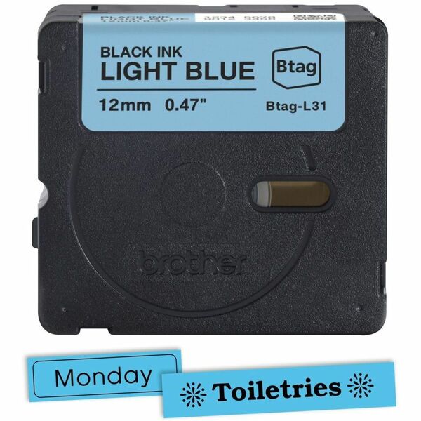 Brother P-touch BTAG-L31 Black on Light Blue Label Tape - x 15/32" (12 mm) Width x 13 1/8 ft (4 m) Length - Black on Light Blue - Water Resistant - Temperature Resistant, Fade Resistant, Dishwasher Safe, Freezer Safe, Microwave Safe, Easy Peel, Removable,