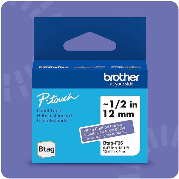 Brother P-touch BTAG-F35 White on Purple Label Tape - 15/32" (12 mm) Width x 13 1/8 ft (4 m) Length - Purple - Water Resistant - Temperature Resistant, Fade Resistant, Dishwasher Safe, Freezer Safe, Microwave Safe, Easy Peel, Removable, Household Liquid R