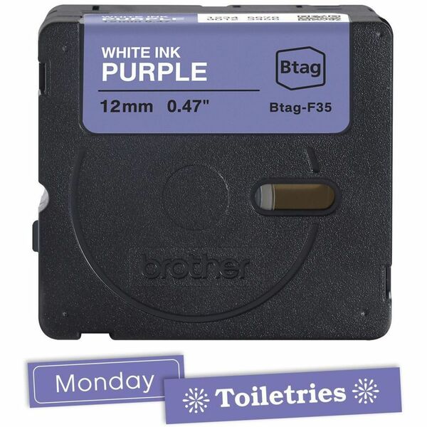Brother P-touch BTAG-F35 White on Purple Label Tape - x 15/32" (12 mm) Width x 13 1/8 ft (4 m) Length - Purple - Water Resistant - Temperature Resistant, Fade Resistant, Dishwasher Safe, Freezer Safe, Microwave Safe, Easy Peel, Removable, Household Liquid