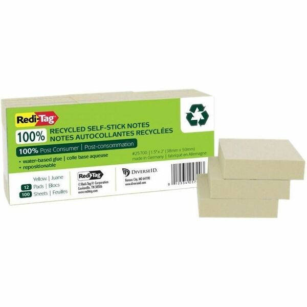 Redi-Tag 100% Recycled Self-Stick Notes, 1.5" x 2" , Pale Yellow, 1,200/Pack - 1200 x Yellow - 1 1/2" (38.10 mm) Flag/Note Width x 2" (50.80 mm) Flag/Note Length - 100 Sheets per Pad - Yellow - Self-stick, Water Based, Solvent-free Adhesive, Removable - R