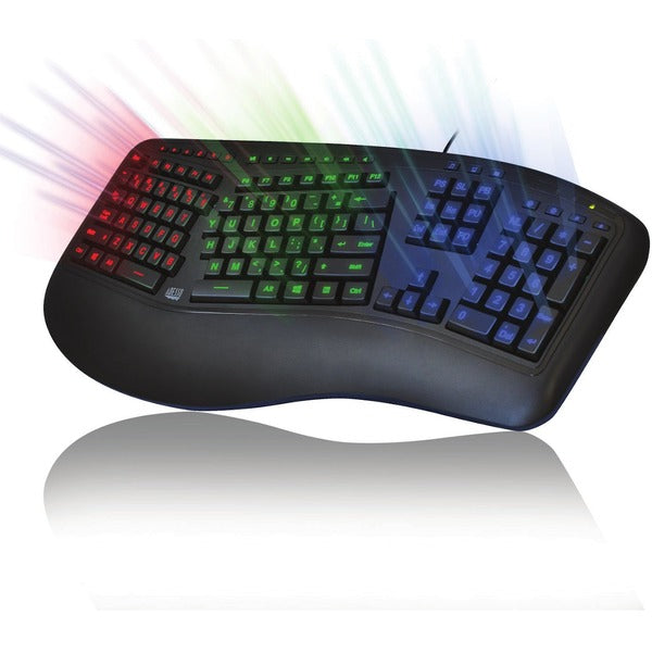 Adesso AKB-150EB Color Illuminated Ergonomic Keyboard - Cable Connectivity - USB Interface - RGB LED - 13 Hot Key(s) - Media Player, Internet, Multimedia, Play/Pause, Stop, Previous Track, Next Track, Volume Down, Volume Up, Mute, Home Page, ... Hot Key(s