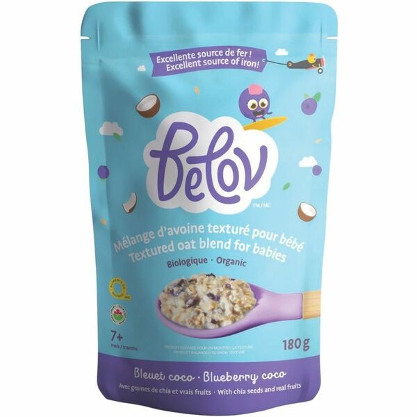 Belov Cereal Textured Oat Blend For Babies- Organic Blueberry Coconut - 6.35 oz (180 g) - 7+ Months - Organic - Unsalted, No Artificial Flavor, Dairy-free, Preservative-free - 6 / Box