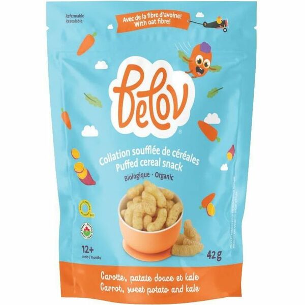 Belov Puffed Cereal Snack - Organic Carrot, Sweet Potato and Kale - No Artificial Flavor, Dairy-free, Resealable Pouch - Carrot, Sweet Potato, Kale - 1.48 oz (42 g) - 6 / Box