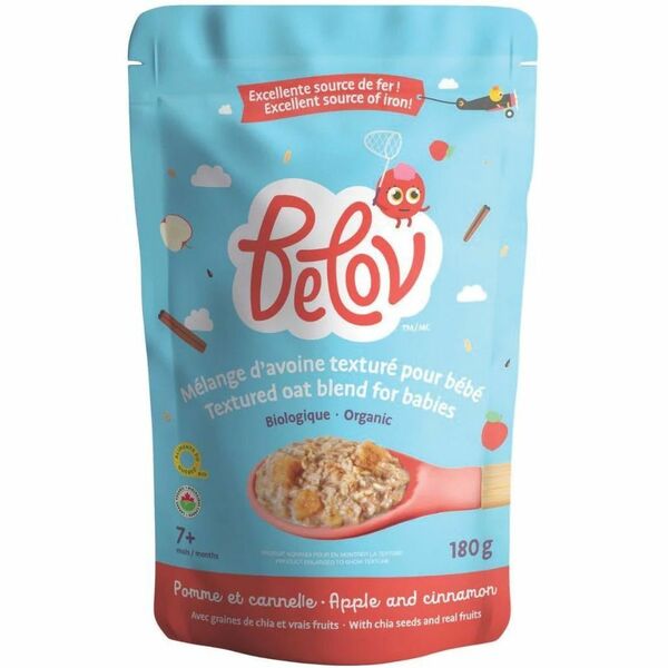 Belov Cereal Textured Oat Blend For Babies- Organic Apple and Cinnamon - 6.35 oz (180 g) - 7+ Months - Organic - Unsalted, No Artificial Flavor, Dairy-free, Preservative-free - 6 / Box