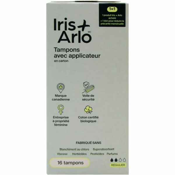 Iris + Arlo 100% Organic Cotton Applicator Tampons - Regular - Cardboard Applicator - Chlorine-free, Fragrance-free, Individually Wrapped - 16 / Box