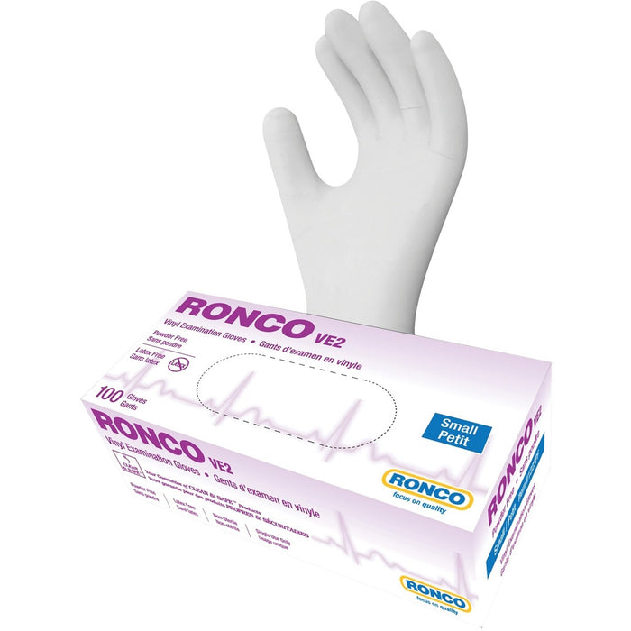 RONCO VE2 Vinyl Examination Glove (4 mil) - 4 mil (0.10 mm) Thickness - Small Size - For Right/Left Hand - Vinyl - Clear - Latex-free, Flexible, Comfortable, Durable - For Food, General Purpose, Healthcare Working - 100 / Box