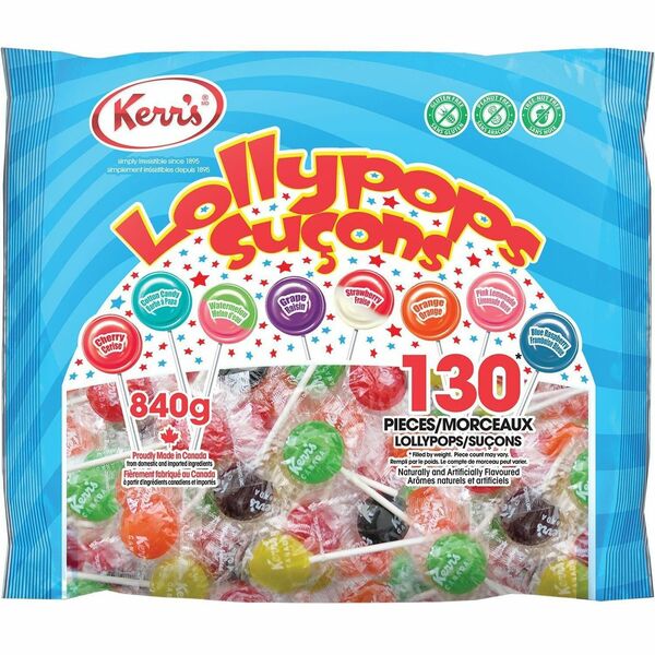 Kerr's Assorted Lollypops - Cherry, Cotton Candy, Watermelon, Grape, Strawberry, Orange, Pink Lemonade, Blue Raspberry - No High Fructose Corn Syrup, Peanut-free, Gluten-free, Nut-free - 1.85 lb (840 g) Bag - 1 Each
