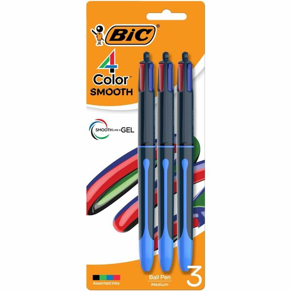 BIC 4-Color Ballpoint Pen - 1 mm (0.04") Medium Pen Point - Retractable - Black, Red, Green, Blue Ink - Water Based - Round Barrel - 3 / Pack