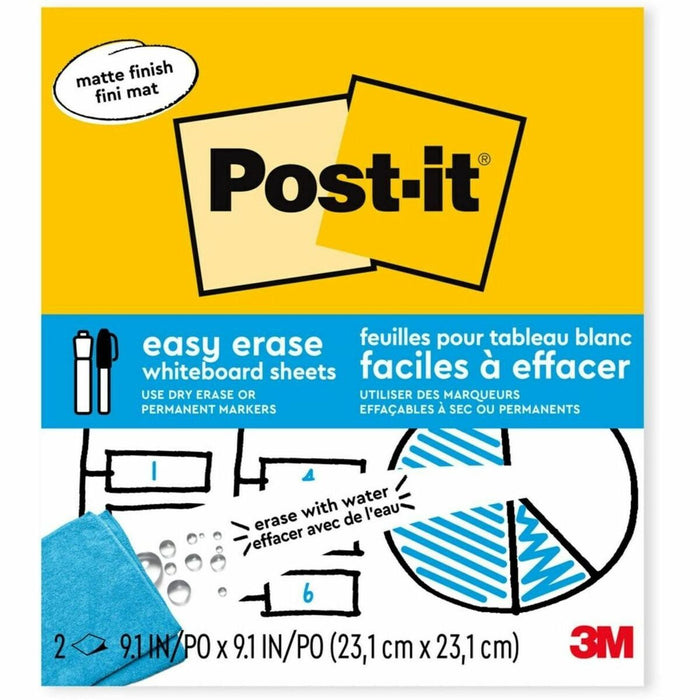 Post-it&reg; Easy Erase Whiteboard Surface, White, 9.1" x 9.1" - White Surface - Stain Proof, Smooth Surface, Self-stick, Smudge Resistant - 2 / Pack