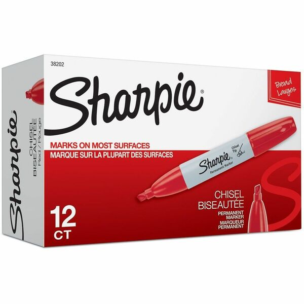 Sharpie Large Barrel Permanent Markers - Wide Chisel Marker Point - Red Ink - Alcohol Based - 12 / Box