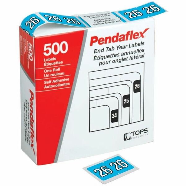 Pendaflex End Tab Year Labels - 2026 - Light Blue, 500/Box - x 15/16" (23.62 mm) Width x 1 1/4" (31.75 mm) Length - Roll - Light Blue - Self-adhesive - 500 / Roll - 500 Total Label(s) - 500 / Box