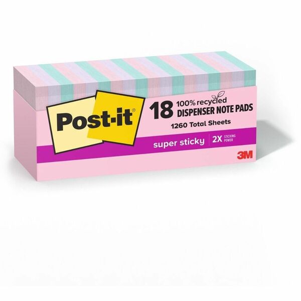 Post-it 3"x3" Notes Pastel18PK - Square - 70 Sheets per Pad - Multicolor - Super Sticky - Recycled - 18 / Pack