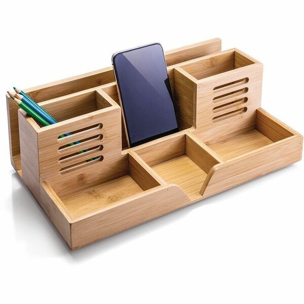 Officemate Desktop Organizer - 7 Compartment(s) - 5.2" (132.08 mm) Height x 14" (355.60 mm) Width x 8.6" (218.44 mm) Depth - Natural Wood Grain - Bamboo - 1 / Each