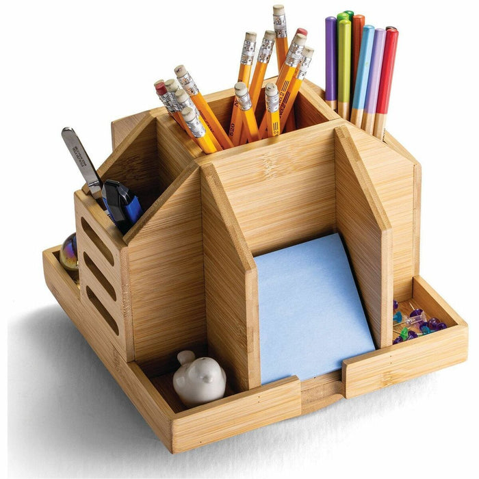 Officemate Desktop Organizer - 9 Compartment(s) - 7.4" (187.96 mm) Height x 8.8" (223.52 mm) Width x 8.8" (223.52 mm) Depth - Rotate, Non-skid Base - Natural Wood Grain - Bamboo - 1 / Each