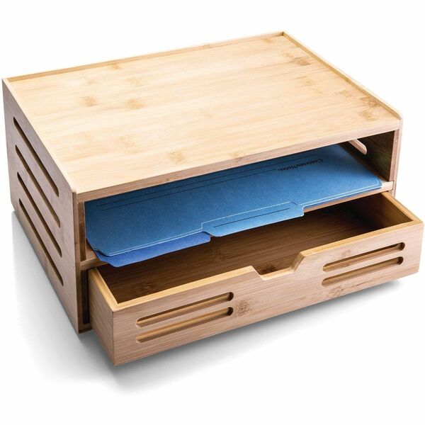 Officemate Desktop Organizer - 7.7" (195.58 mm) Height x 14" (355.60 mm) Width x 10" (254 mm) Depth - Side-loading, Non-skid Base, Storage Drawer - Natural Wood Grain - Bamboo - 1 / Each