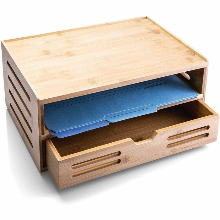 Officemate Desktop Organizer - 7.7" (195.58 mm) Height x 14" (355.60 mm) Width x 10" (254 mm) Depth - Side-loading, Non-skid Base, Storage Drawer - Natural Wood Grain - Bamboo - 1 / Each