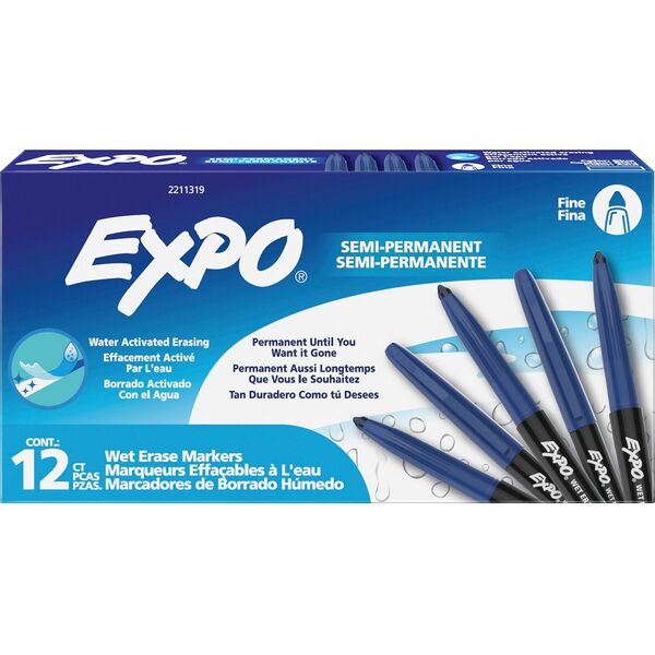 Expo Wet Erase Markers, Fine Tip - Fine Marker Point - Erasable - Blue Ink - Glass - 1 Dozen